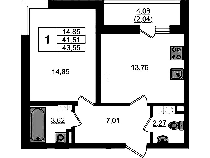 2-комнатная квартира 43.55 м², 4/4 эт., ЖК «Новая история»
